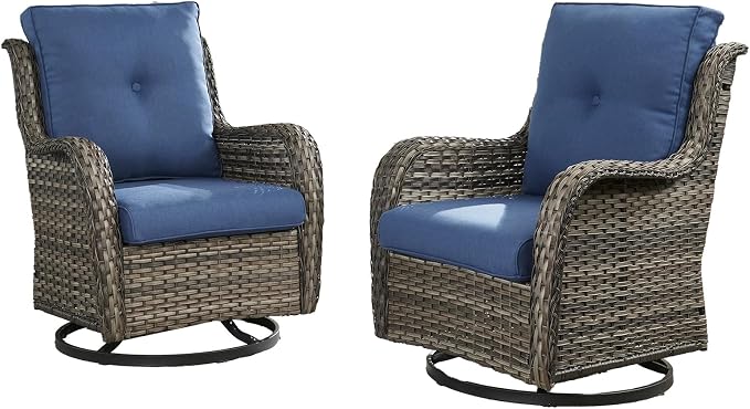 HUMMUH Outdoor Swivel Rocker Wicker Patio Chairs, Set of 2, Grey and Blue | 360° swivel and rocking motion, 5 in polyester cushions, wicker construction, for porch, balcony, deck, and patio