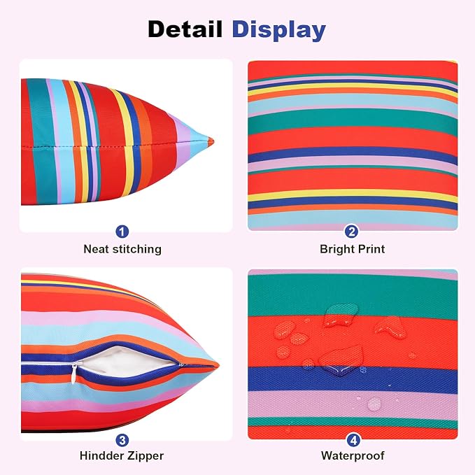 SquarePie Outdoor Pillow Covers Set of 2 Waterproof Decorative Throw Pillow Cases Patio Cushion Covers for Spring Patio Couch Balcony Bench,18x18 inch Color Stripe