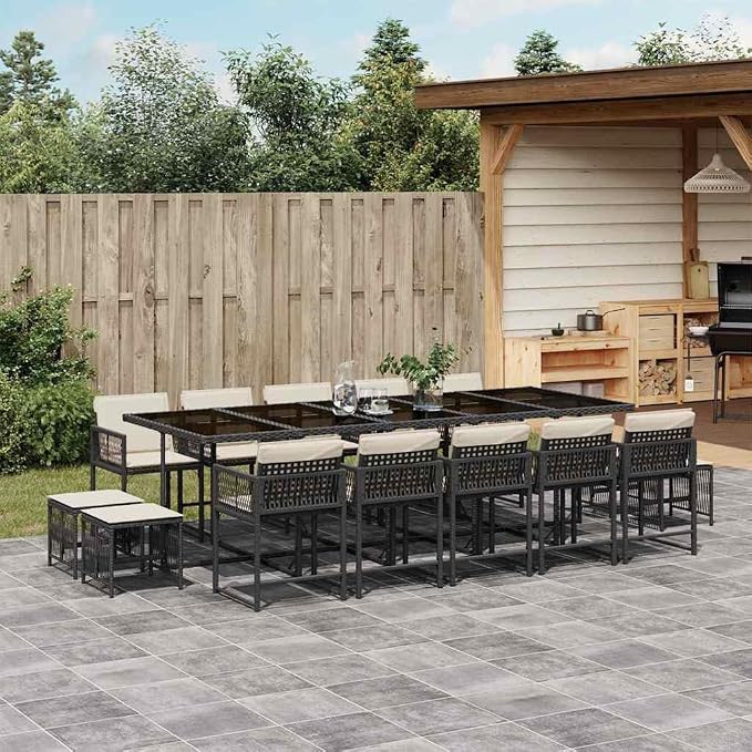 14-Seater Garden Dining Set Black and Cream White PE Rattan Large Outdoor Table with Stackable Chairs and Foldable Stools for Patio Backyard