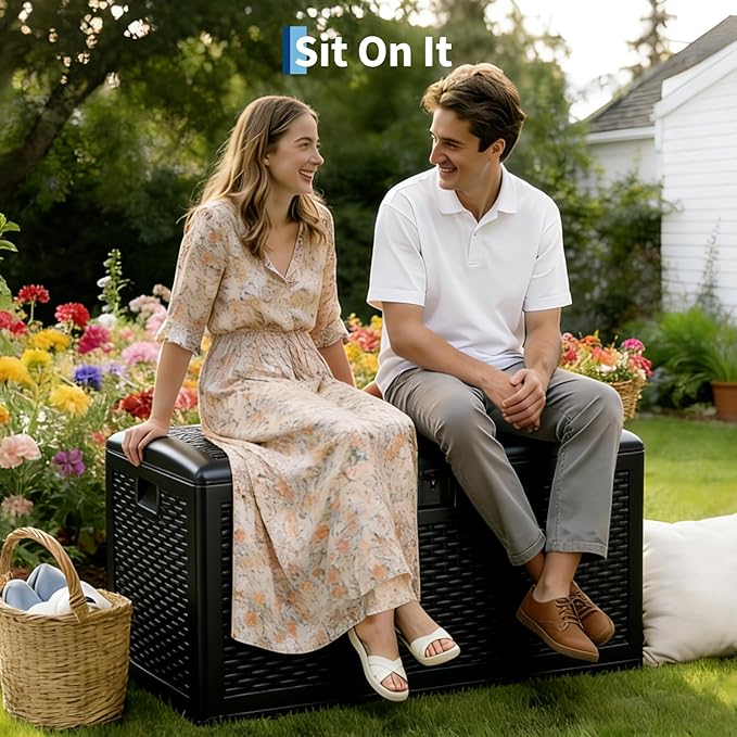 120 Gallon Waterproof Large Resin Deck Box Indoor Outdoor, Lockable Storage Container for Patio Furniture Cushions, Throw Pillows, Garden Tools, and Pool Floats, Black
