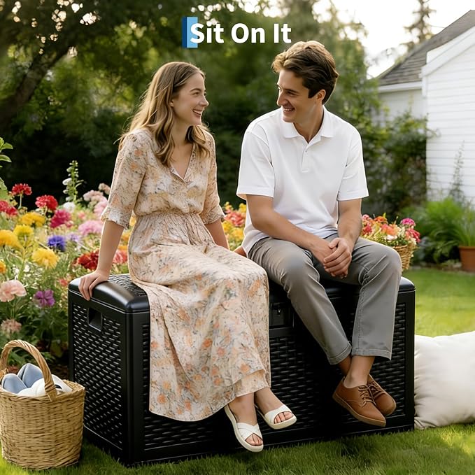 Jojoka 120 Gallon Lockable Outdoor Storage Box - Waterproof UV-Resistant HDPE Resin Deck Box with Gas Spring Lid - Great for Patio Furniture Cushions, Garden Tools, Pool Supplies - Black, Gas Spring