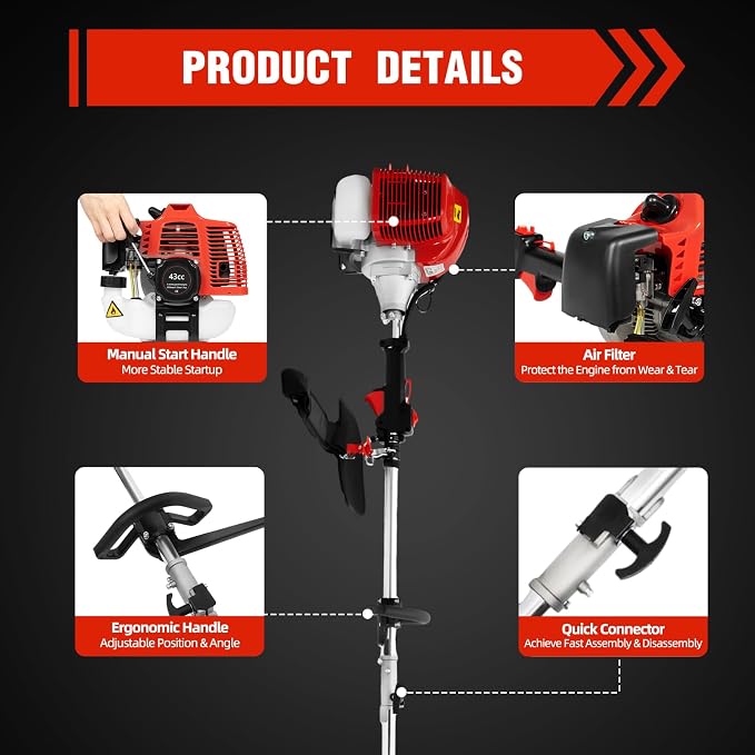 43CC 2-Stroke Grass Trimmer, 1250W Gas Trimmer Gas Powered Pole Saw Garden Pole Chainsaw for Lawn Yard Farmland Sawing High Branches and Small Trees Tree Trimmer