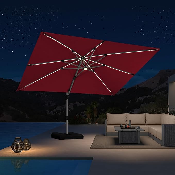 PURPLE LEAF 9' X 12' Patio Umbrella with Lights Outdoor Rectangle Cantilever Umbrella Solar Powered LED with 360-degree Rotation for Garden Deck Pool Patio, Terra