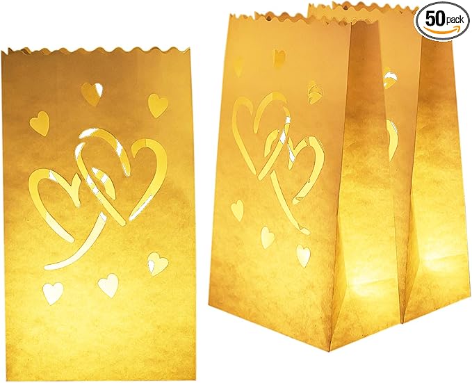 Homemory Valentine's Day 50 PCS White Luminary Bags with Hearts, Upgraded Moisture-Proof Candle Bags, Tea Light Luminaries for Wedding, Halloween, Thanksgiving, Christmas, Party