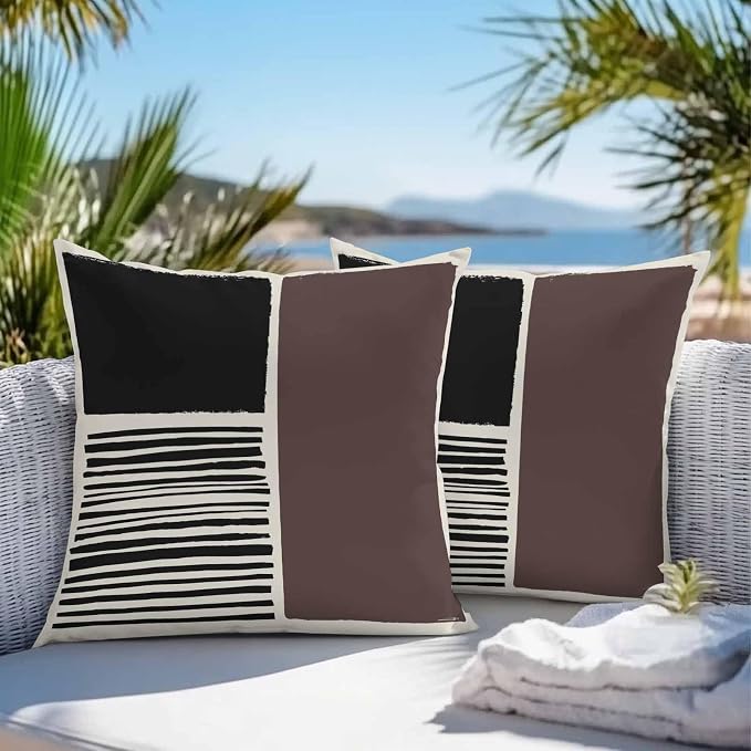 Throw Pillow Covers 18x18 Inch Set of 2, Brown Black Waterproof Outdoor Pillow Covers, Modern Abstract Art Farmhouse Striped Decorative Cushion Pillowcases for Couch, Sofa, Bed, Garden, Patio