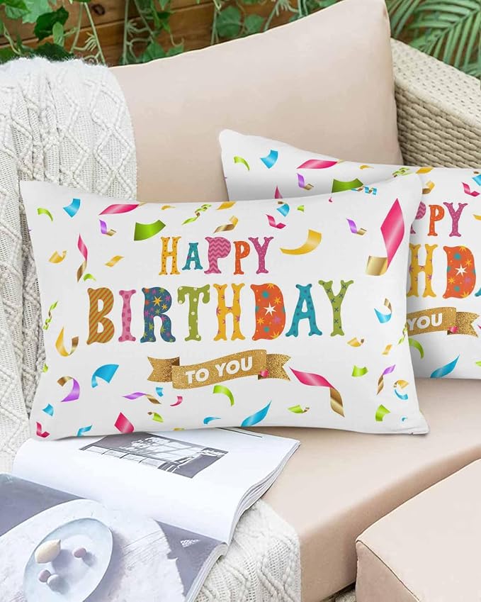 Vandarllin Outdoor Throw Pillows Covers 20x12 inch Set of 2 Waterproof Happy Birthday Decorative Zippered Cushion Covers for Patio Furniture, Colorful Ribbon Celebration Lumbar Pillowcases
