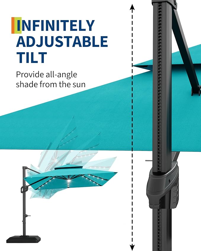 GarveeLife 10 ft x 10 ft Heavy Duty Cantilever Patio Umbrella with Solar LED Lights & Weighted Base, 2-Tier Square Aluminum Offset Umbrella with 360-Degree Rotation for Backyard, Deck, Pool, Blue
