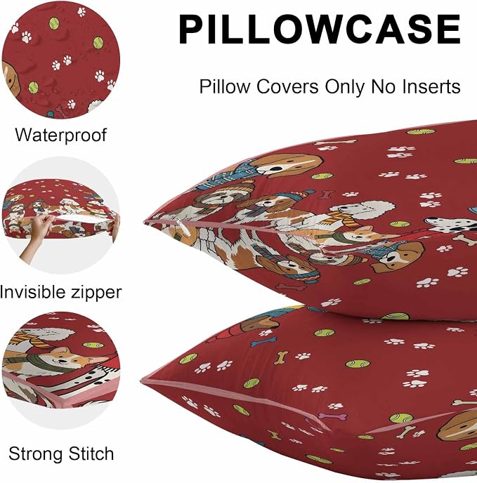 Cartoon Dogs Outdoor Pillow Covers 18x18 Inch Throw Pillow Covers Set of 2 Waterproof Decorative Pillow Cases Red Cute Animals Dogs Paws Prints Cushion Covers for Patio Furniture Garden Couch Sofa