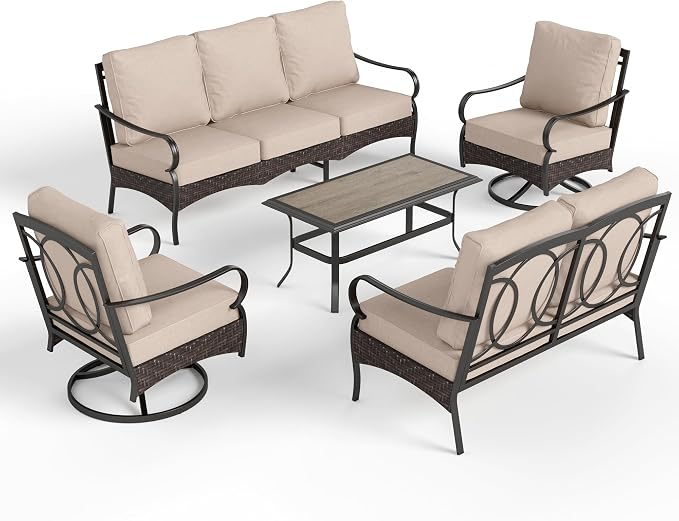 PHI VILLA Outdoor Modern Patio Furniture Set, Upgraded Wicker & Metal Patio Conversation Set with Waterproof Thick Cushions for Porch, Poolside, Yard (5 Pieces,Beige)
