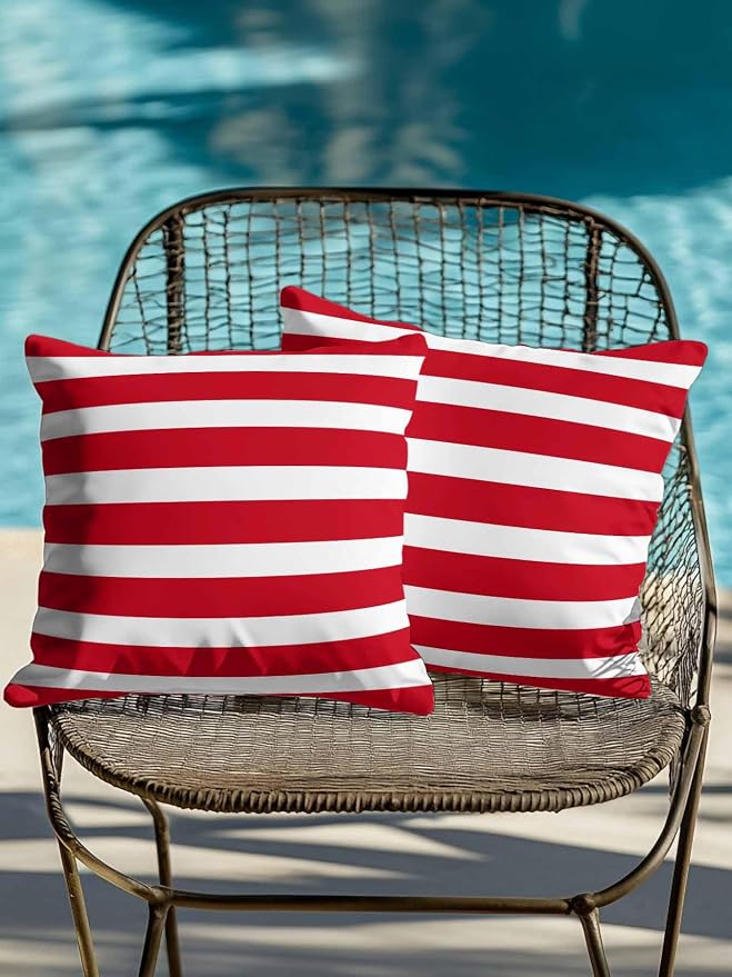 Waterproof Outdoor Pillow Set of 2 Red Stripes Decorative Throw Pillows Cover & Insert 16x16 Inch Pillowcase Classic Striped Lines Square Pillows for Couch Sofa Bed Patio Furniture Indoor Outdoor