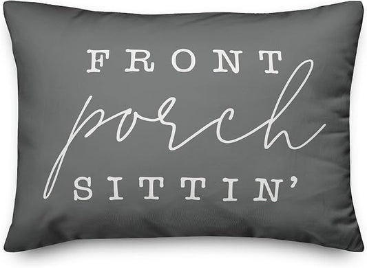 Front Porch Sittin' Grey and White Indoor/Outdoor Pillow | Decorative Pillows for Living Room Couch Bed Sofa Patio, Fluffy Soft Cushion | Water Resistant Gray, 14x20