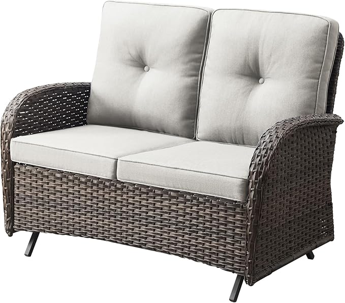 Belord Outdoor Glider Bench Patio Loveseat - 500 Lbs Weight Capacity 2 Seater Wicker Sofa, Small Porch Glider Furniture All Weather Rattan Couch with Removble Cushion for Balcony Deck Backyard, Brown
