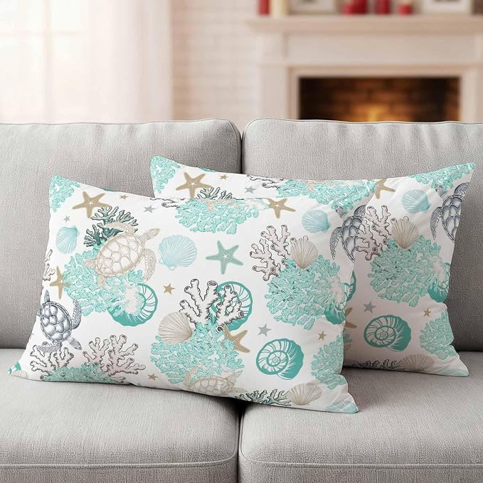 Summer Coastal Outdoor Throw Pillow Cover Ocean Sea Turtle Seaweed Waterproof Cushion Covers 2 Pack Teal Grey Abstract Art Pillow Cases Home Decoration for Patio Garden Couch Sofa 20x12In