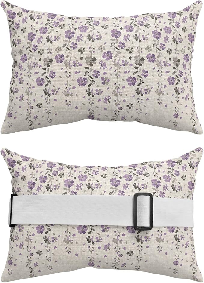 Outdoor Pillows Covers with Inserts Flower Purple Grey Cherry Blossoms Cotton Linen Waterproof Pillow with Adjustable Strap Throw Pillows for Patio Furniture Recliner Lounge Chair, 11x16 inch, 1PCS