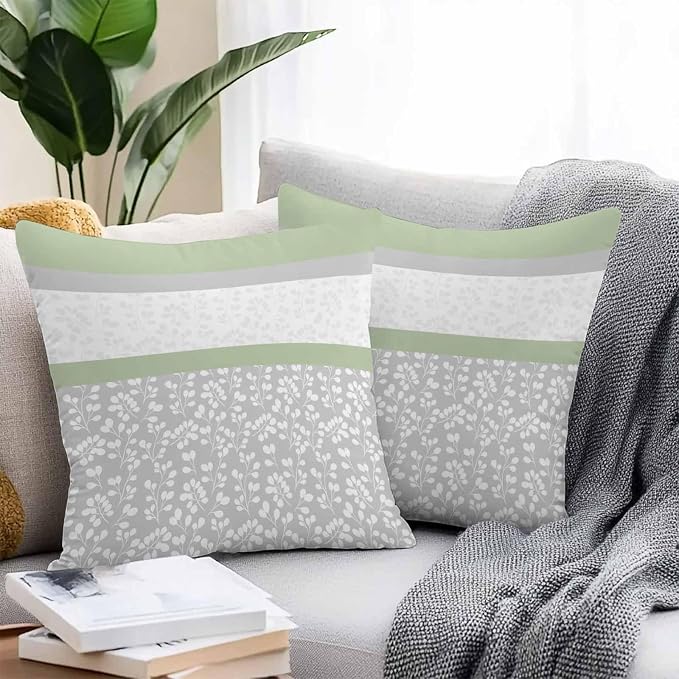 Farmhouse Flower Design Outdoor Pillow Covers 18x18in Pack of 2 Waterproof Pillowcase Green Grey White Stripe Stitching Decorative Throw Cushion Case for Patio Couch Sofa
