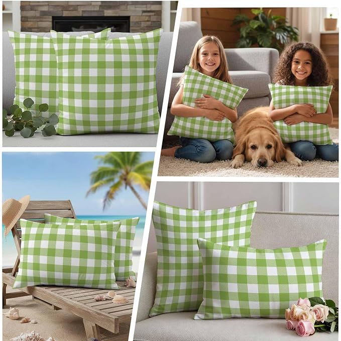 Outdoor Throw Pillow Covers,Farmhouse Plaid Design Waterproof Decorative Pillowcases Cushion Cover Green and White Grid Pillow Cases for Patio Couch Sofa Bed,20x12in Set of 2