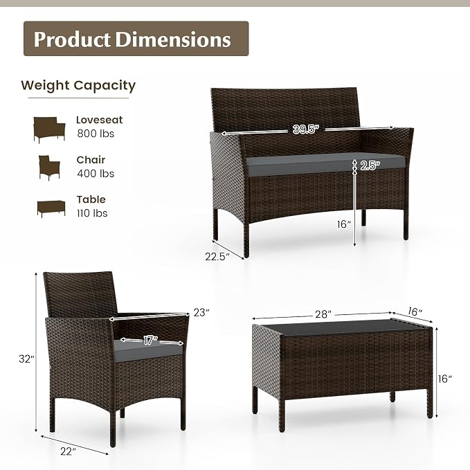 Tangkula 4 Piece Patio Rattan Conversation Set, Outdoor Wicker Furniture Set with Chair, Loveseat & Tempered Glass Table, Cozy Seat Cushions, Outside Sectional Sofa Set for Backyard, Porch (1,Grey)