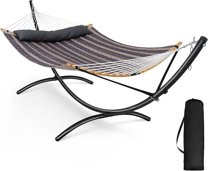 SUNCREAT Hammocks for Outside with Stand, Porch Hammock and Stand, 475 lbs Capacity, Patent Pending, Gray Stripes