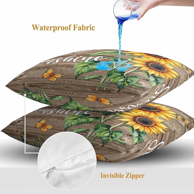 Sunflower Outdoor Waterproof Throw Pillow Covers Set of 2, 18"x18", You are My Sun Shine Vintage Brown Wood Board Decorative Pillow Covers Outside Cushion Case for Patio Porch Garden