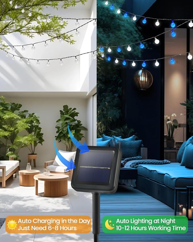 Solar String Lights Outdoor Waterproof 2 Pack 100 LED 64FT Patio Lights | Blue and White Crystal Globe, 8 Lighting Modes, Auto On/Off, Solar Powered Light for Outside Yard Wedding Party Decorations