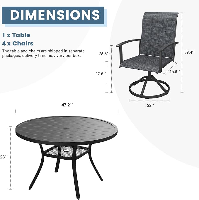 DIFY 5 Pieces Outdoor Dining Set for 4, 47.2" Black Round Metal Table with Umbrella Hole and Dark Grey Textilene Swivel Patio Chairs, Patio Table and Chairs Set for Garden, Backyard, Poolside