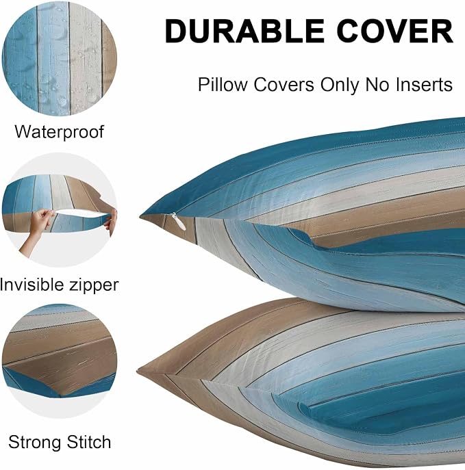 Throw Pillow Covers 18x18 Inch Set of 2, Blue Brown Ombre Waterproof Outdoor Cushion Covers, Vintage Country Wooden Decorative Pillowcases for Couch, Sofa, Bed, Garden, Patio