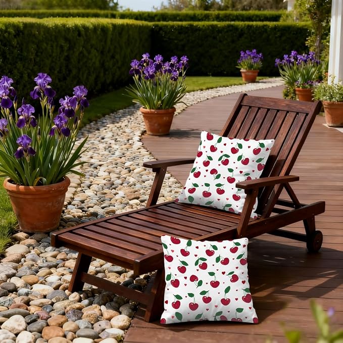 22x22 Inch Outdoor Pillow Covers Set of 2 Waterproof Throw Pillow Covers Decorative Couch Cushion Covers Cherry Leaf Fruit Square Pillowcases Protectors for Patio Garden Sofa