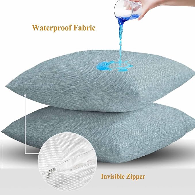 Outdoor Waterproof Throw Pillow Covers Set of 2 Blue Linen Pillowcases 26x26 Inches Farmhouse Pure Color Decorative Pillows Cushion Case Patio Pillows for Couch Bed Chair Garden