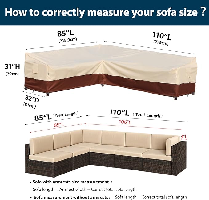 Outdoor Sectional Cover Patio Furniture Covers Waterproof Rip-Stop Anti-UV 600D Heavy Duty Couch Sofa Cover with 3 Air Vent (Beige & Reddish Brown, L-Shaped-85''X110'')
