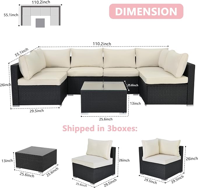 7-Piece Patio Furniture Set - Outdoor Sectional Sofa Set with 4'' Cushions and Glass-Top Coffee Table for Gardens, Poolside, Backyards and Porches, Black/Beige