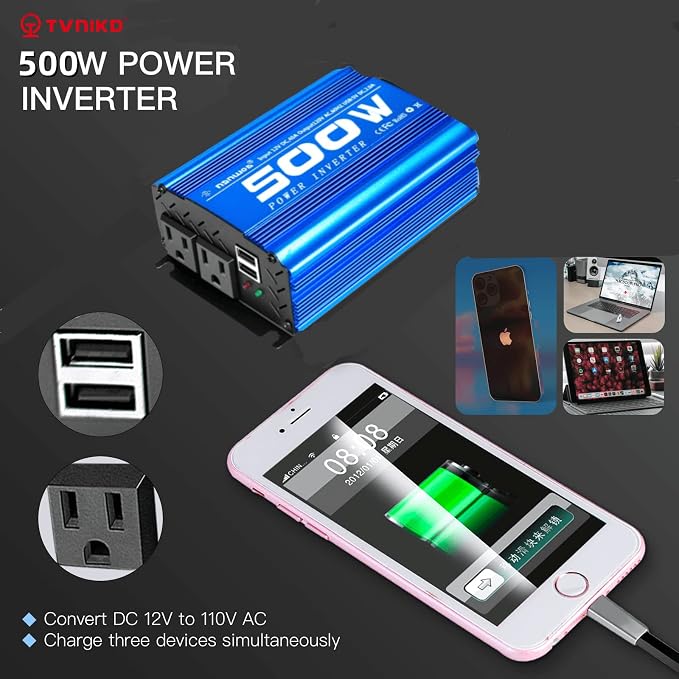 Power Inverter car Inverter Rate 500W / Peak 1000W DC12V to AC 110V RV Inverter with 2 AC Outlets 2USB Ports…