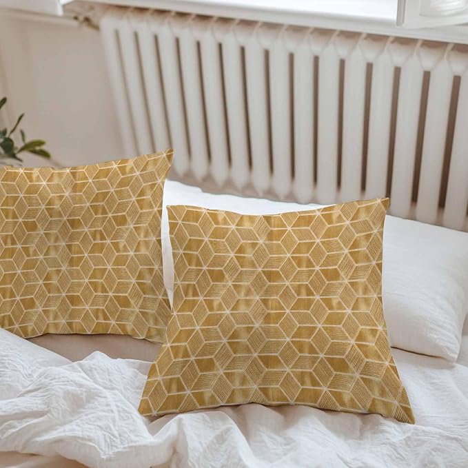 Tan Honeycomb Tiling Waterproof Outdoor Pillow Covers Set of 2 Home Decor, Wooden Grain Blocks Pillowcase Patio Pillow Covers for Couch Bench Patio Furniture Garden 26x26in