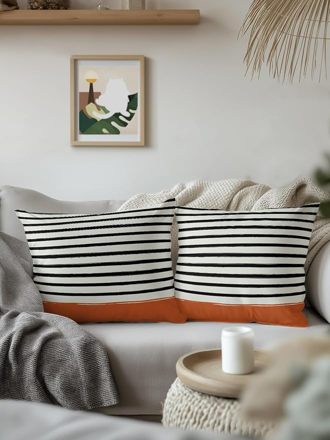 Waterproof Outdoor Pillow Set of 2 Black Stripes Decorative Throw Pillows Cover & Insert 16x16 Inch Pillowcase Striped Lines Orange Square Pillows for Couch Sofa Bed Patio Furniture Indoor Outdoor