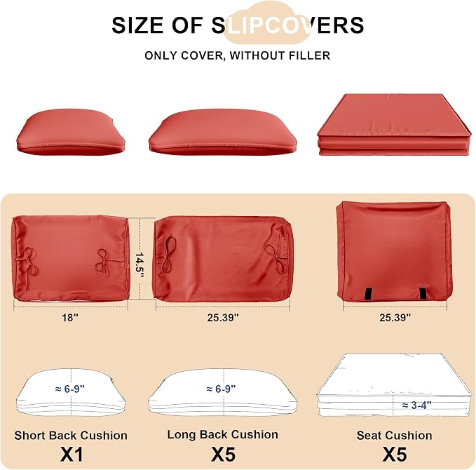 Kurapika Outdoor Cushion Slipcovers 11PCS Patio Set Cushion Covers Replacement for Outdoor Furniture Set, Outdoor Sofa Seat Cushion Cover and Backrest Pillow Covers (Red)