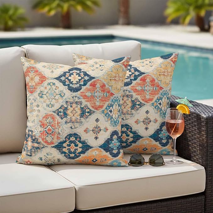 Outdoor Waterproof Pillow Covers for Patio Furniture Morocco Boho Decorative Throw Pillow Cover Vintage Ethnic Bohemian Pillowcases Set of 2 Cushion Case for Sofa Couch Chair Home Decor 18x18 inch