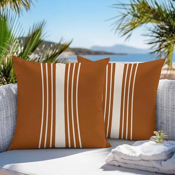 Vandarllin Outdoor Throw Pillows Covers 26x26 inch Set of 2 Waterproof Burnt Orange Vertical Stripes Decorative Zippered Cushion Covers for Patio Furniture, Classic Striped Linen Lumbar Pillowcases