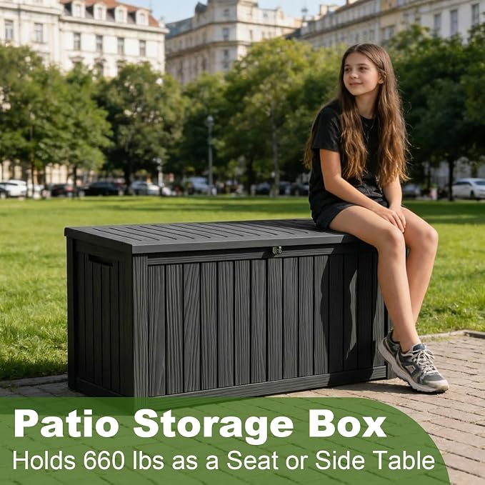 ROJIK 180 Gallon Waterproof Outdoor Deck Storage Box, Lockable Resin Patio Storage Bin with Lid for Garden Tools, Patio Cushions & Outdoor Accessories(Black)