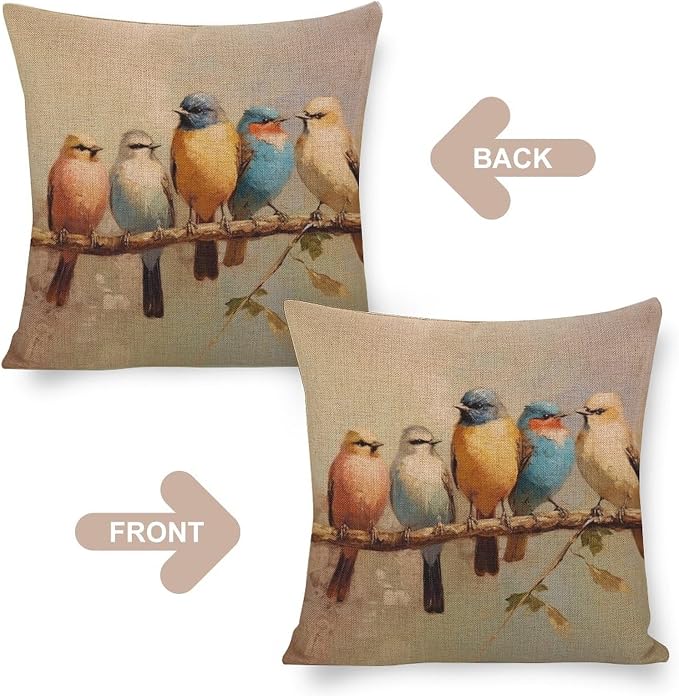Linen Cushion Case Oil Painting Birds with Branch Cushion Pillow Cover Colorful Birds are Sitting on A Branch Couch Throw Pillows for Farmhouse Decor Room Bedroom Sofa Chair Car 18"x18"