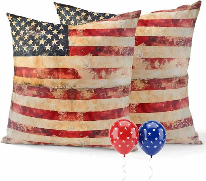 Independence Day Outdoor Pillow Covers 20"x20" Set of 2, Retro Country American Flag Waterproof Throw Pillow Covers for Patio Furniture, Decorative Cushion Covers for Porch