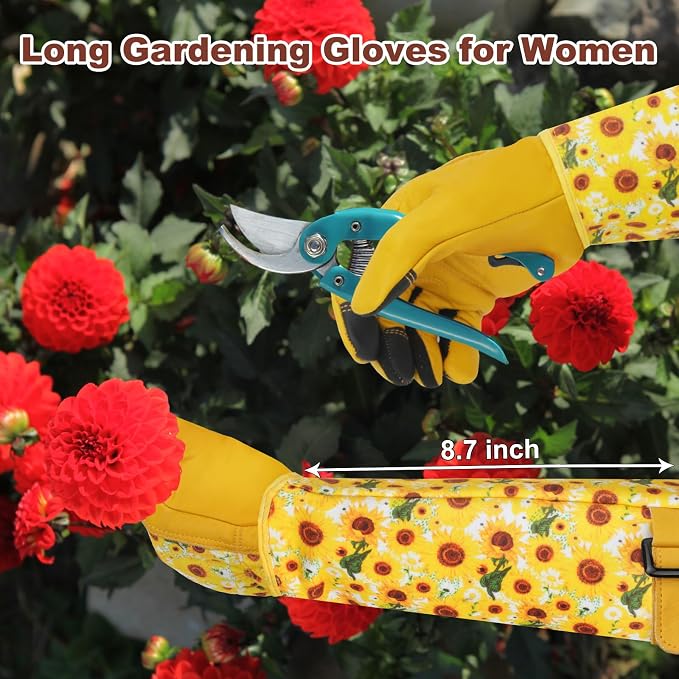 DLY Garden Gloves for Women,Gardening Gloves,Garden Gift for Lady,Yellow,M | Thornproof Cowhide Palm, Foam-Padded Grip, Long Yellow Sunflower Print Cuff, 3-Finger Touchscreen, Pruning,Weeding Yard Work