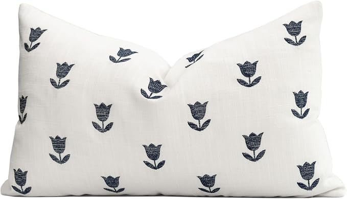 Coastal Linen Indoor Outdoor Lumbar Pillow Cover Only, 12"x20" Water Repellent for Patio, Backyard, Couch, Neutral Dark Navy Floral