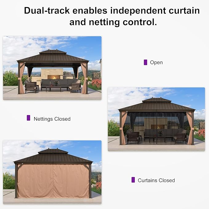 PURPLE LEAF 13' X 15' Outdoor Hardtop Gazebo Patio Wide Aluminum Frame Metal Double Roof with Heavy Duty Netting and Curtains for Permanent Hard Top Pavilion Screen, Khaki