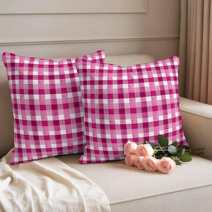 Outdoor Throw Pillow Covers,Pink Gradient Buffalo Plaid Waterproof Decorative Pillowcases Cushion Cover Modern Geometric Check Pillow Cases for Patio Couch Sofa Bed,18x18in Set of 2