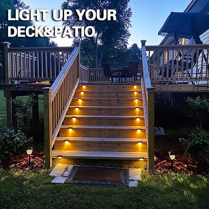 Solar Deck Lights Outdoor, 4 PCs LED Solar Fence Lights Waterproof, Garden Decorative Solar Step Lights, LED Solar Lights for Patio Porch Stairs Yard Driveway Pathway (Warm White, 16-Pack)