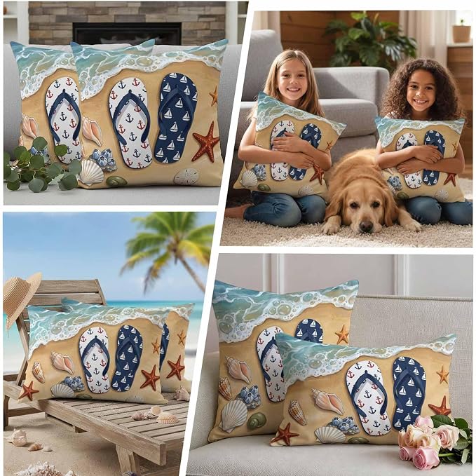 Blue Beige Seaside Outdoor Waterproof Throw Pillow Covers 26x26 Set of 2, Coastal Waves Starfish Summer Beach Nautical Decorative Pillowcases Cushion Pillowcase for Couch Sofa Patio Pillow Protector