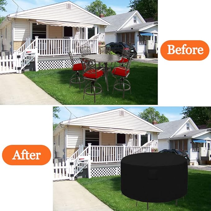 Outdoor Bar Height Dining Set Cover for 7 Piece Tall Round Bistro Outdoor Dining Set Waterproof Heavy Duty 96 Inch Round Patio Bar Height Table & Chair Sets Cover