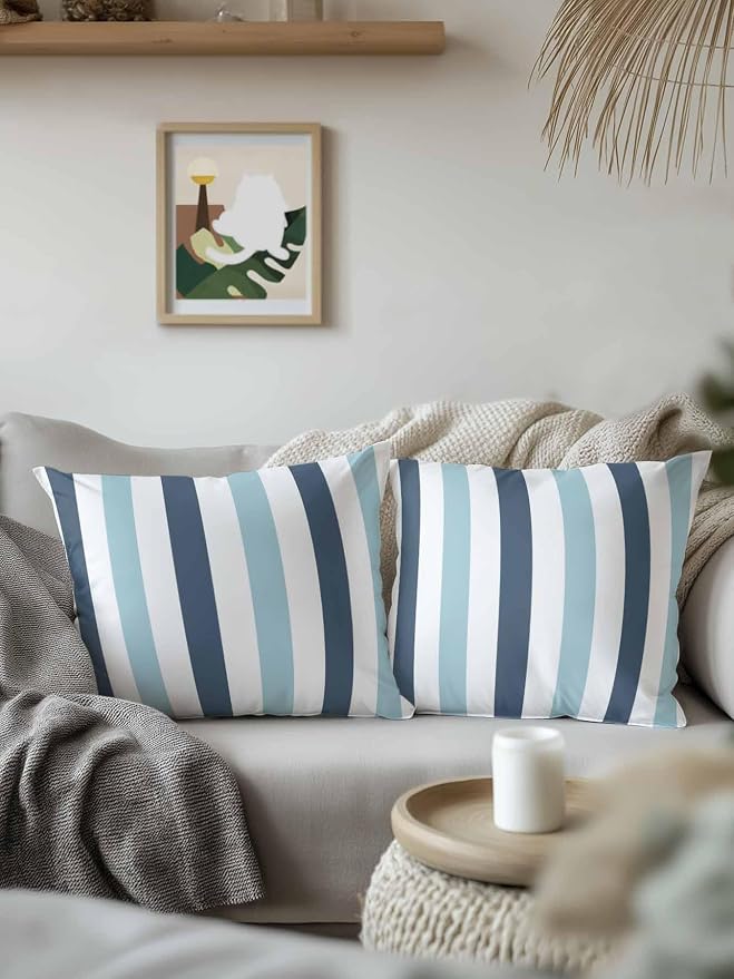 Outdoor Pillows Waterproof, Blue Aqua Striped Bedding Throw Pillows with Insert for Couch Sofa Bed, Farmhouse Stripe Art 16x16 Inch Pillowcases Decorative Camping Patio Pillow Set of 2