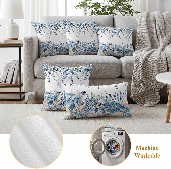 Pack of 2 Blue Turtle Coastal Outdoor Pillow Covers Decorative, Beach Coral Starfish Waterproof Pillow Protector, Nautical Sea Eucalyptus Throw Pillowcases Cushion Cases for Patio Couch Sofa 20"x20"