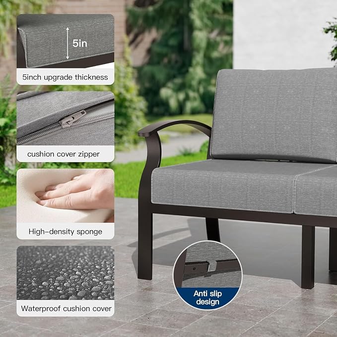 Kullavik Aluminum Patio Furniture Set,6 Piece Modern Metal Outdoor Patio Furniture w/5.1'' Thick Cushion,Swivel Chairs and Rectangular Coffee Table,Patio Conversation Sets for Porch,Deck,Grey