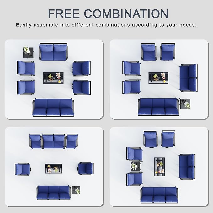 8 Pieces Modern Patio Furniture Set, All Weather Metal Outdoor Conversation Sets with 5.1" Extra Thick Cushion for Backyard Garden Deck Porch Poolside, Blue